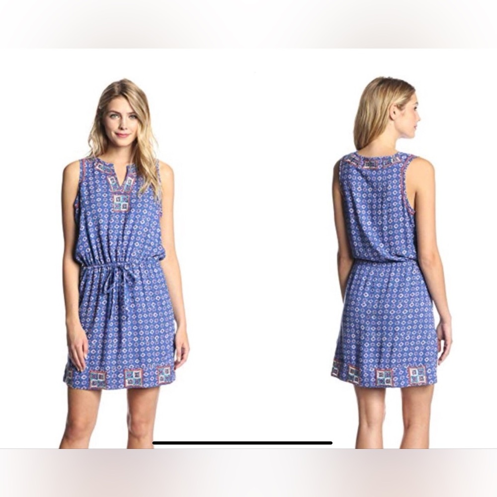 Lucky Brand Irving & Fine Blue Tank Dress Embroidered V Neck Sz M